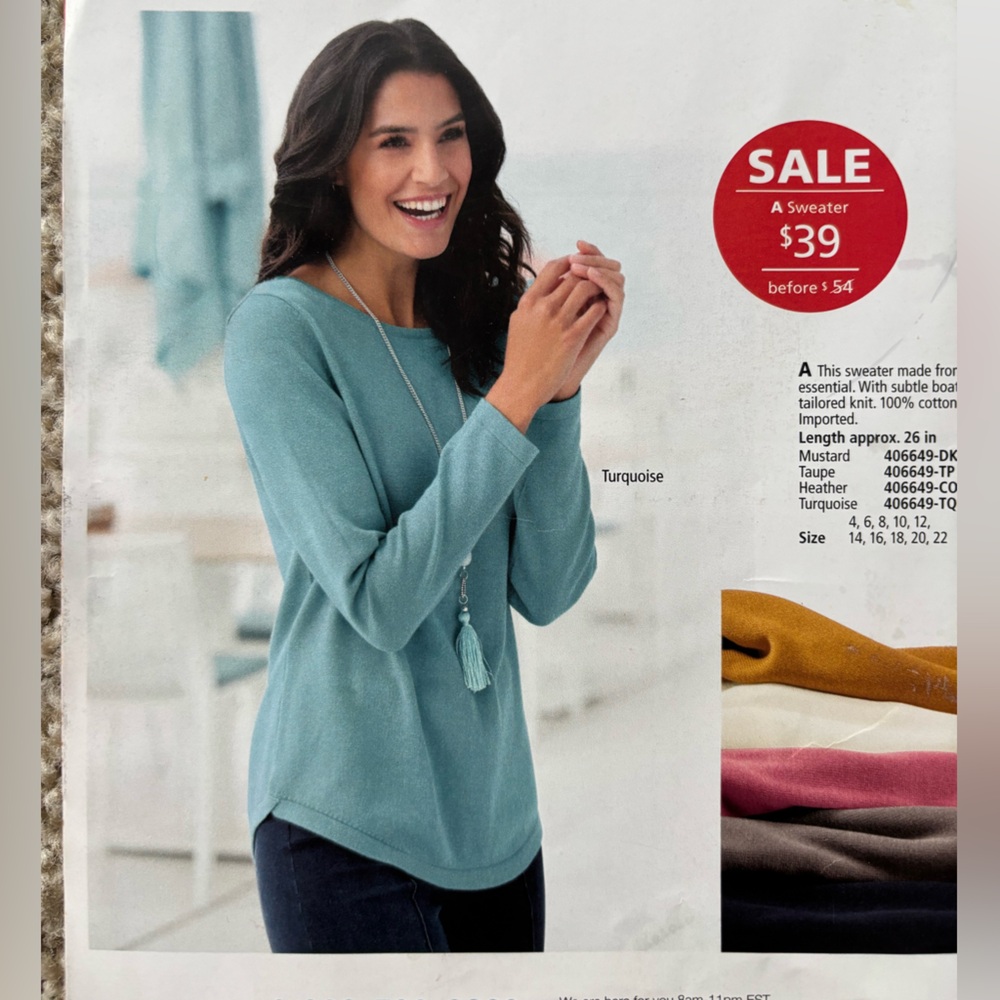 Classic 100% Pima Cotton Muted Blue Ribbed Hem Crewneck Sweater, size 8